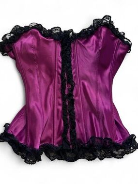 Strapless Satin Corset Bustier Purple Black Lace Trim Lace Up Back